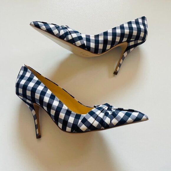 NWOB MAJE Navy Plaid Twisted Heels Pointed Toe Navy Blue White Checkerboard - Picture 2 of 9